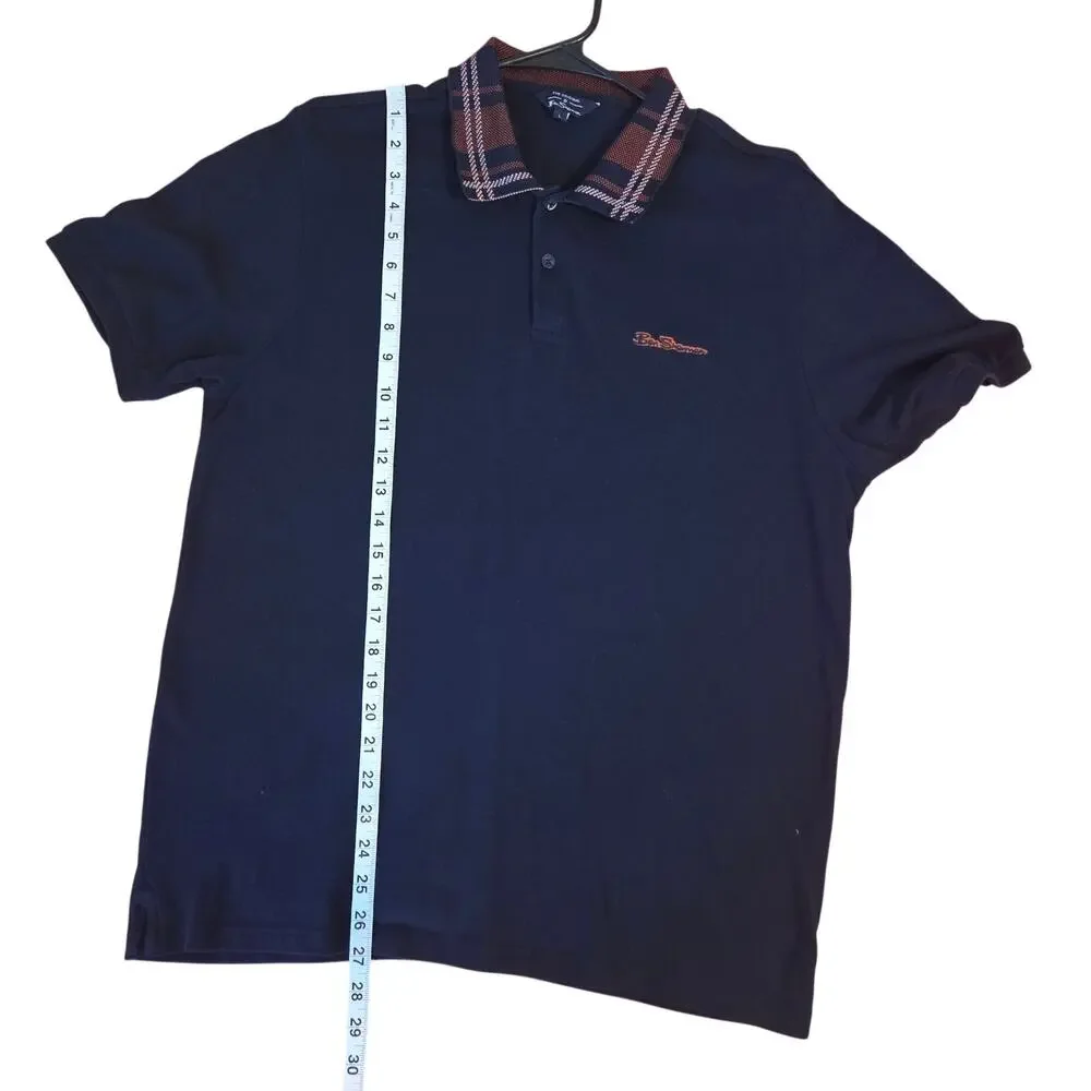 Ben Sherman Pique Polo Shirt Navy Blue with Tartan Plaid Design Collar sz L - Picture 5 of 11